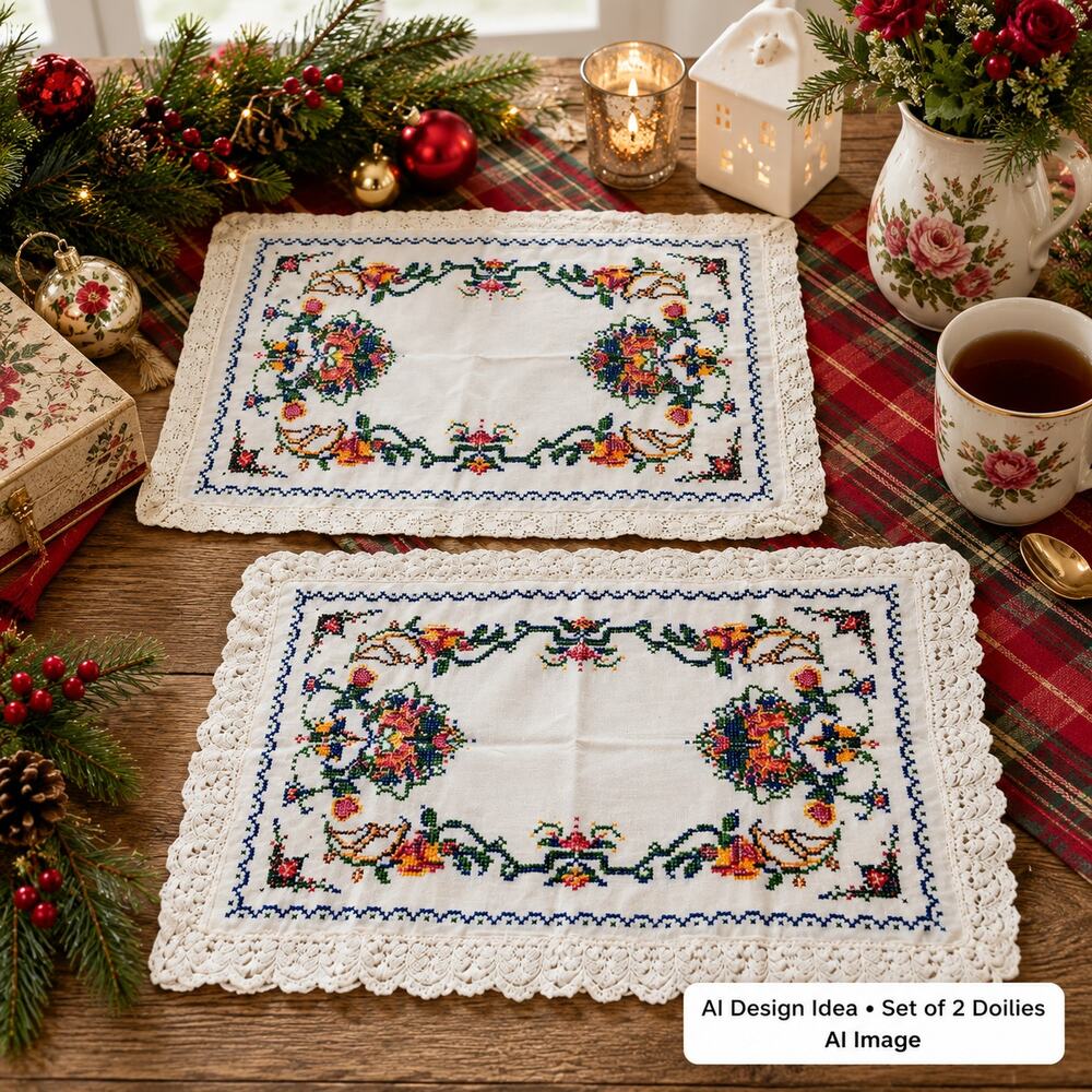 🎄Vintage Cross Stitch Christmas Multicolor Floral Doily Table Scarf Flour Sack